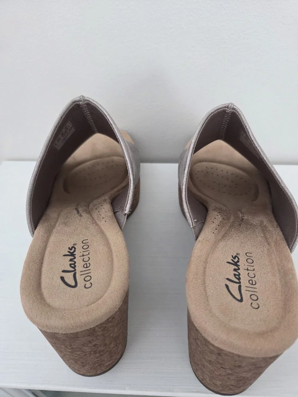 Clarks Comfort Cork Platform Mules - Metallic Silver/Gray